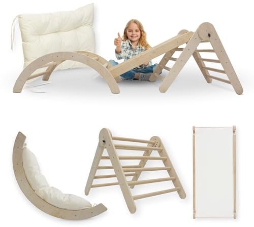 MAMOI® Ensemble 4 en 1 : arche d'escalade Montessori avec coussins, cadre d'escalade, triangle d'escalade intérieur, aire de jeux intérieure de 1 à 3 ans et toboggan pour enfants.