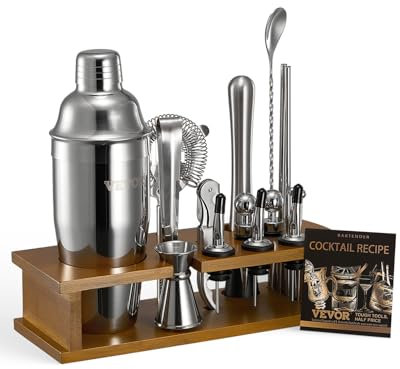 VEVOR Juego de Coctelera Lujoso Acero Inoxidable con Soporte de Bambú, Cuchara Mezcladora, Mortero, Medidor, Colador, Vertedor de Licor, Pinza para Hielo, Sacacorchos, Plata. 285 x 110 x 275 mm