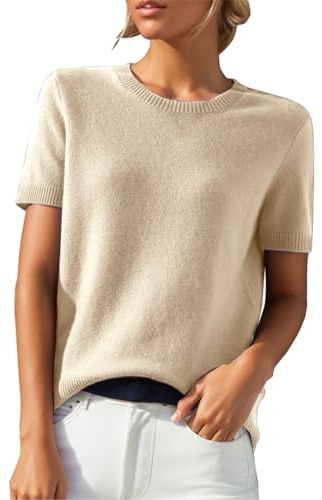 HUIFUAO Cashmere Jumpers Ladies Short Sleeve Knitted Sweater Black Basic Elegant Pullover Lightweight Crew Neck Tops (Z01-Beige, L)