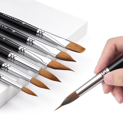 Fuumuui 7PCS Kolinsky Sable Watercolour Brush Set, Professional Artist Paint Brushes with Patented Extended points Design, Round, Flat, Oval, Mop for Fine Detail, Gouache, Ink, Watercolour Painting