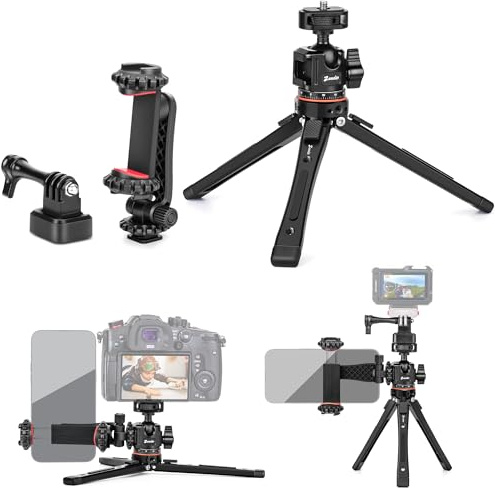 Zeadio Robustes Metall-Stativ-Set, universeller 1/4-Gewinde-Adapter-Stativanschluss mit Handyhalter & Action-Cam-Adapter für Smartphone, Kamera, Gimbal, Action-Cam, Reise-Vlogging usw