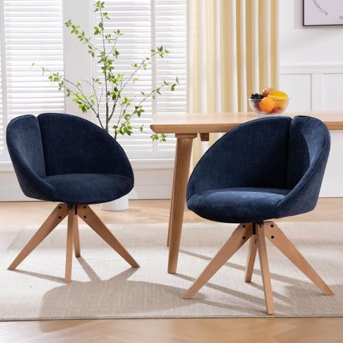 Ya-Home Esszimmerstühle 2er Set Küchenstühle aus Chenille 360°Drehstuhl mit Holzbeinen Akzentstühle mit gebogener Rückenlehne für Esszimmer/Wohnzimmer/Küche, Blau