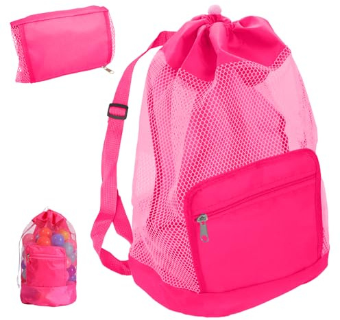 Red Beach Toy Storage Bag for Toddlers 1-3 and Family, 19.7x9.1x9.1 Inches Foldable Mesh Pouch with Zipper for Bucket and Spade Set