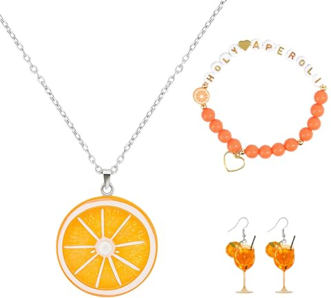 SSKHE Aperol Costume Set - 1 Orange Necklace + 1 Aperol Bracelet + 1 Pair Cocktail Pattern Earrings | Party Accessories for Summer Carnival & Aperol-themed Gifts | Stylish Decor for Women & Girls