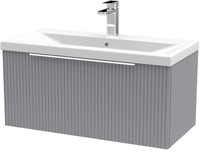Balterley Vanity Unit with Basin Wall Hung, Single Drawer Soft Close with Mid Edge Sink and Handle, Bathroom Vanity Units with Basin, Fluted Front Sink Cabinet - 810 x 390 x 399mm (Grey)