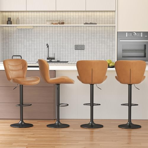 YUUIJOAA 4er Set Barhocker, Barhocker Höhenverstellbar mit Rückenlehne und Fußstütze, 360° Drehbarer Barstuhl mit Lehne, PU-Leder, Barstuhl für Küche,Bar, Esszimmer, Braun