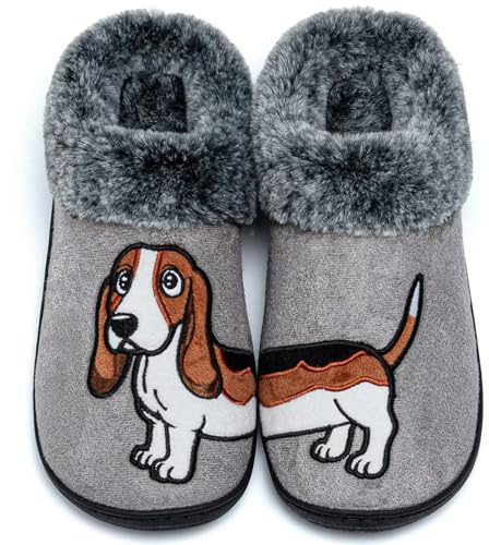GURGER Zapatillas de Estar por Casa Hombre Mujer Invierno con Forro de Peluche Diseño Bordado de Perro Antideslizantes Cómodas