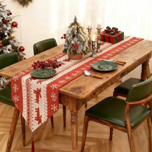 Tischläufer Weihnachten, 180 x 33cm Rote Weihnachts Tischdecke mit Quaste,Weihnacht Tischdeko mit Elch,Tischläufer Tisch Dekoration Weihnachtstischdeko Christmas Decorations (Rote Elch)