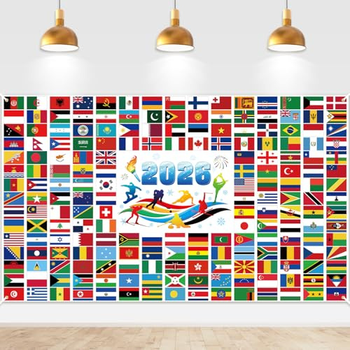 DPKOW 2026 Wintersport Banner Deko, Weltflagge Banner Deko Internationale Flaggen Wintersport Dekoration Hintergrund, 185 x 110 cm