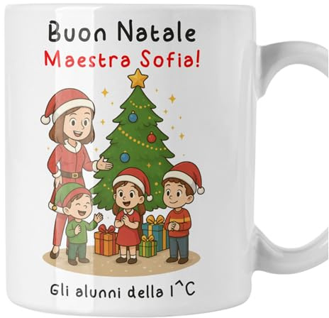 bubbleshirt Tazza Natale Buon Natale Maestra! – Regalo Personalizzato per Insegnante con Bambini e Albero di Natale