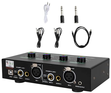 Zweikanal Mikrofonmischer mit Halleffekten und USB Anschluss | Schwarz, Kunststoff Metall, Kabelset mit Adapter und Datenkabel, für Live Streaming und Gesang