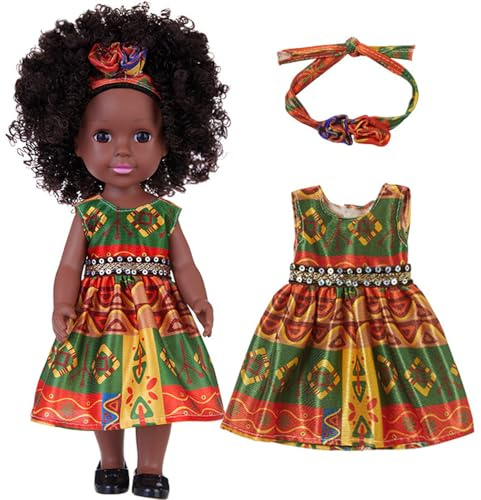 Syglawnd Schwarze Puppen für 3-jährige Mädchen, Schwarze Puppen für Mädchen, 14 Zoll, lockiges Haar, Baby mit Kleid und Haarschmuck, bewegliche Gelenke für Kinder ab 3 Jahren