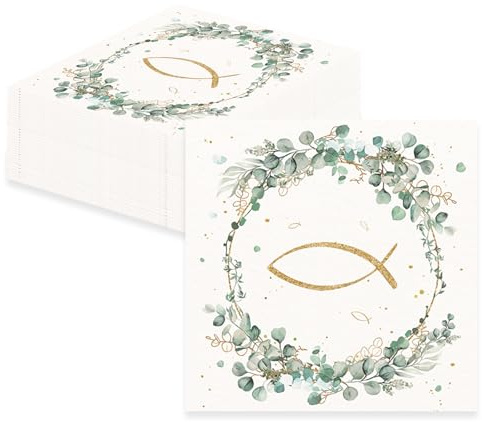 60 Stück Servietten Fisch um Eukalyptus weiß als Tischdeko, servietten taufe für Hochzeit Geburtstag, kommunion Taufe deko für Junge Mädchen,Vintage Einweg Weiß Napkins.