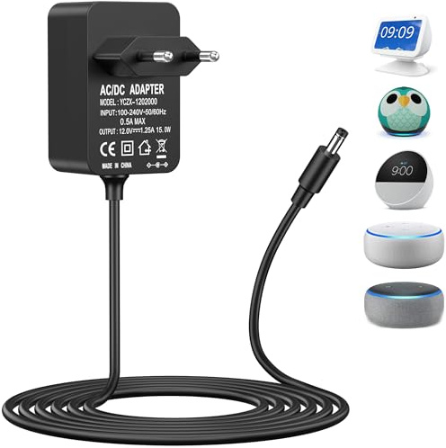VANCLE 15W Netzteil für Amazon Echo Spot (2024) / Echo Show 5 (1./2.Gen)/ Echo Dot (3./4. Gen.)/ Echo Dot Kids Edition 3/4 Gen/Echo Pop/Fire TV Cube, 12V 1,25A Ladegerät Netzadapter 1,5m (Schwarz)