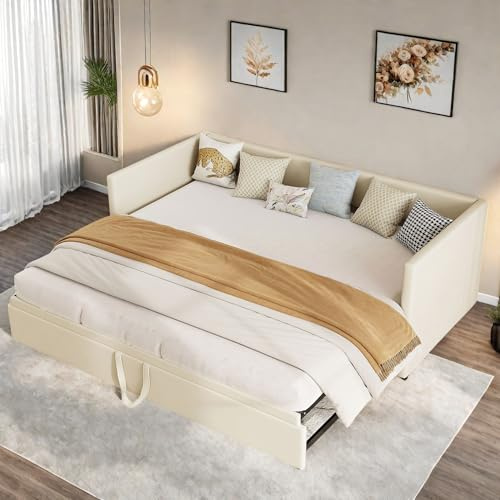 NSXSBUZ Schlafcouch Schlafsofa 90/180x200 cm,Tagesbett Ausziehbar,Schlafcouch Ausziehbar mit Lattenrost,Schlafsofa 200cm Breit,Samt, ohne Matratze (Beige, 90/180x200cm)