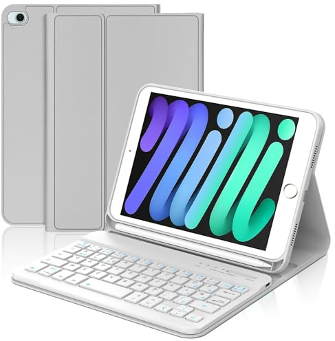 WAVATA Clavier pour iPad Mini 5/4/3/2/1, Gris Clair | Étui Clavier pour iPad Mini 5/4 2019/2015 Magnétique Amovible Bluetooth AZERTY Layout