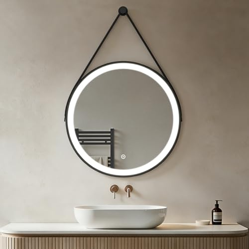 Heilmetz LED Badspiegel Rund 70cm, Spiegel mit Beleuchtung, 6500K Kaltweiß, Dimmbar, Touch-Schalter, Badezimmerspiegel mit Licht, Band zum Aufhängen, Schwarz Rahmen