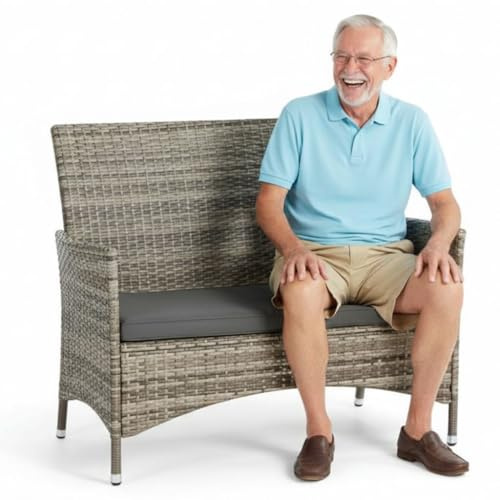 Mucola Polyrattan Gartenbank 108x51x89 cm 2-Sitzer inkl. Sitzkissen | Rattan Sitzbank Gartensofa wetterfest Balkonbank UV-beständig | Parkbank Outdoor Bank waschbare Bezüge Flechtoptik Grau