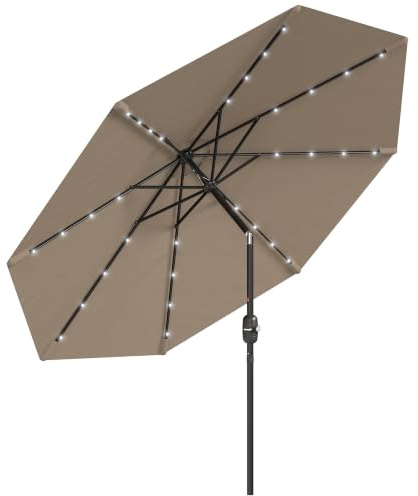 Outsunny Sombrilla Terraza Exterior Ø265 cm con 32 Luces LED Solares Beige | Sombrilla de Jardín, Poste de Acero, Manivela de Parasol Inclinable, para Patio, Terraza