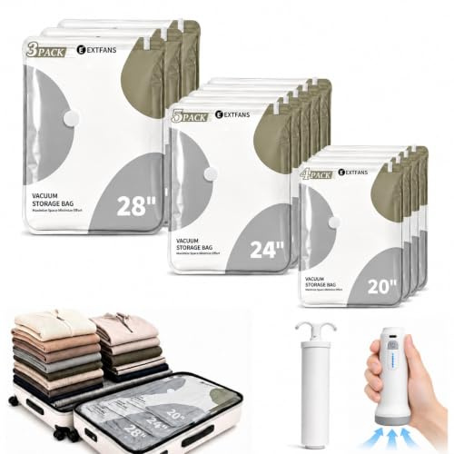 EXTFANS Travel Vacuum Bags with 5000Pa Electric Pump and Hand Pump | 12 Pack Reusable Vacuum Storage Bags with Double Zip Seal, Vacuum Pack Bags for Clothes, Duvets, Luggage and Home