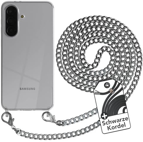 EAZY CASE Handykette kompatibel mit Galaxy A37 Handyhülle mit Metall Umhängeband und Ersatz Kordel schwarz, Handykordel mit Schutzhülle, Stylische Kette, Metall - Silber