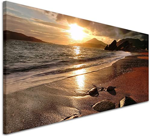 Wallfillers Wide Canvas Prints of a Beach Sunset for your Living Room - Modern Seaside Wall Art - 1131-118x49cm