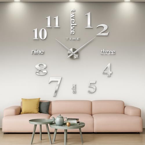 CoZroom Große Silberne 3D rahmenlose Wanduhr Aufkleber DIY Wanddekoration für Wohnzimmer Schlafzimmer