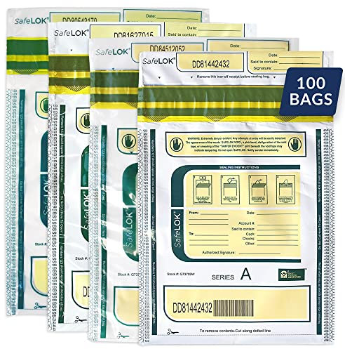 ControlTek SafeLOK 22,9 x 30,5 cm, weiß mit Tasche, 100 Beutel, manipulationssichere Pfandbeutel für Bargeld und Wertsachen, feuchtigkeits-, hitze- und kälteempfindliche Tinte, Abreißbeleg + große