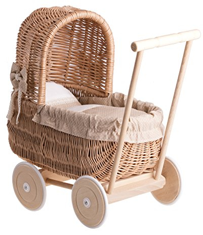 e-wicker24 Alles aus Weide EIN Wagen, EIN Bett für Puppen aus Weide, Spielzeug aus Holz, Puppenwagen aus Weide, Korbpuppenwagen, Weidenwagen (Natur, Beige)