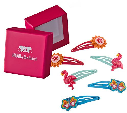 HAARallerliebst Haarspangen Set (6 Stück | Glitzer Flamingo Schmetterling und Blume | bunt) für Mädchen inkl. Schachtel zur Aufbewahrung (Schachtelfarbe: pink)