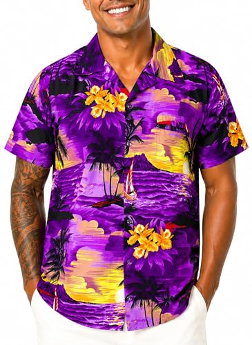 King Kameha Herren Hawaiihemd Kurzarm, Sommer Aloha Shirt mit Surfen-Print