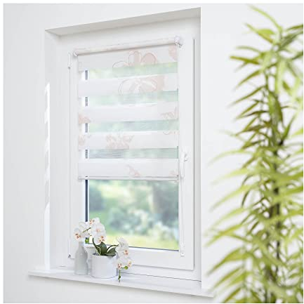 ourdeco® Doppel-Rollo, Duo Rollo Klemmfix / 80 x 150 cm mit Druckmotiv Blume/lichtdurchlässig, Blickdicht/Klemmen, Montage ohne zu Bohren, Smartfix, Klemmfix, Easy-to-fix