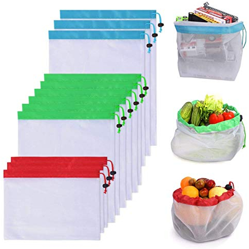 Reusable Mesh Produce Bags, Washable Grocery Bulk Drawstring for Fruits, Veggies, Toys, 12Pcs (Large, Medium and Small)