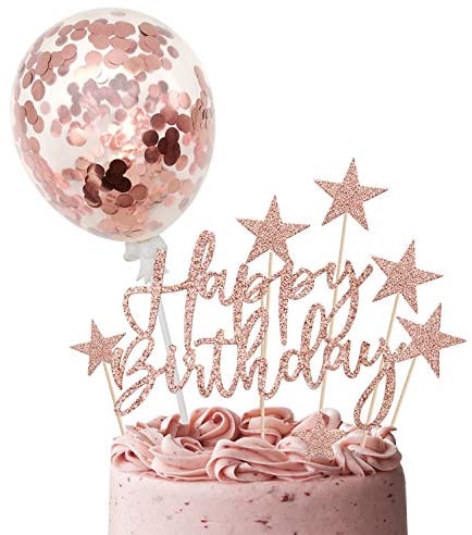 iZoeL Rose Oro Champagne Compleanno Torta Topper, Banner di Buon Compleanno Coriandoli Palloncino Stella Candela Decorazione della Torta, per Ragazza Feste di Compleanno