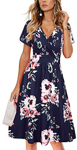 VOTEPRETTY Sommerkleid Damen Knielang Kleid Sommer V Ausschnitt Wickelkleid Kurzarm Midikleid mit Taschen