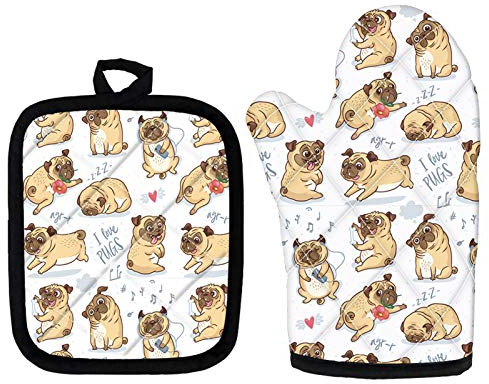 HUGS IDEA Ofenhandschuhe, Platzsets für heiße Gerichte, Mops, niedliches Cartoon-Hundemuster, strapazierfähig, mit hitzebeständiger, gesteppter Innenseite, schwarz, Einheitsgröße
