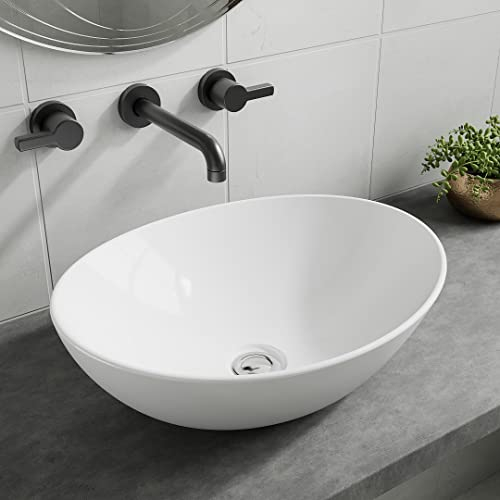 BELOFAY Modern Gloss White Ceramic Countertop Basin for Vanity Cabinet | Small Bathroom Wash Sink | 135x405x330mm (HxWxD)