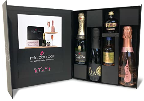 MicroBarBox Champagne & Prosecco Gift Set in a Premium Luxury Gift Box | Champagne Gift Set | featuring Lanson Black Label Brut NV, Bottega Poeti Rosé Prosecco, Da Luca Prosecco & fruit liqueurs