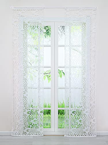 Delien 2er Set Schiebevorhänge mit Klettschiene Voile Schiebegardinen »Blütenblättern« Vorhang Ausbrenner Gardinen mit Blumenmuster Flächenvorhänge Wohnzimmer Fensterschals BxH 57x225cm,Weiß