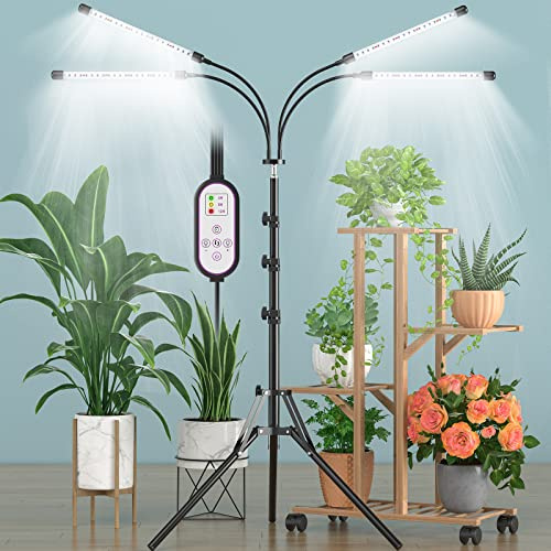 Feel Show Grow Lights for Indoor Plants, LED Light for Seed Starting, Full Spectrum Plant Light with Stand (Adjustable Tripod 15-60inch Floor Red White Lamp 4/8/12H Timer) (White) (FS-02)