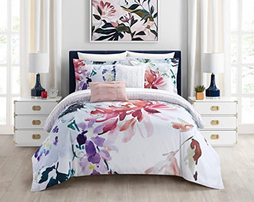 Chic Home Butchart Gardens 5-teiliges wendbares Bettdecken-Set, florales Aquarell-Design, Bettwäsche – dekorative Kissenbezüge enthalten, Queen, Mehrfarbig