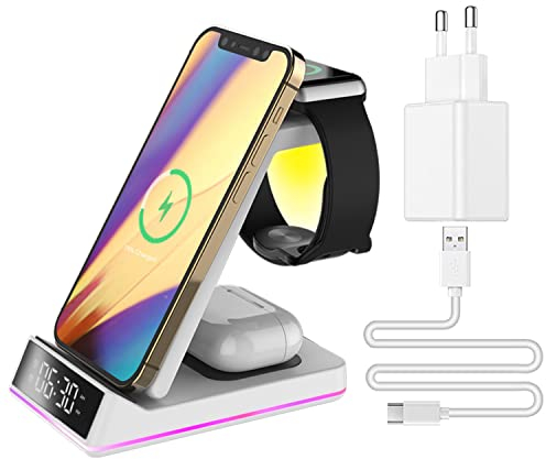PINRUIGE Caricatore Wireless con Luce Notturna e Orologio, 5 in 1 Stazione di ricarica induttiva Compatibile con iPhone 15 14 13 12 11 Pro Max/XS/XR/8/Samsung, iWatch Ultra/8/7/6/SE/5/4, AirPods Pro
