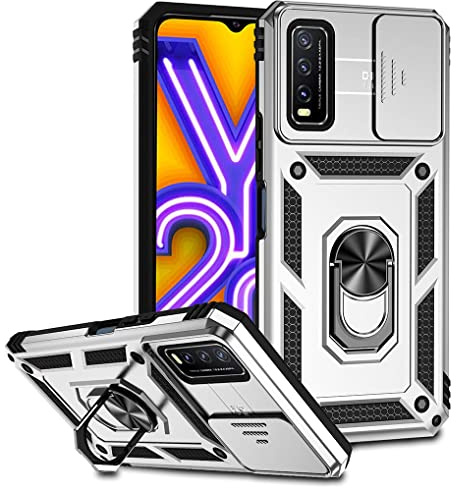 SEEKO Hülle für Vivo Y20s / Vivo Y20 / Vivo Y11s, Militär Robust Handyhülle Outdoor Stoßfest Silikon TPU + PC Handy Case Schutzhülle mit Kameraschutz und 360 Grad Ring Ständer - Silber