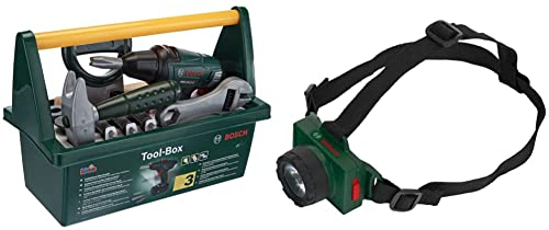 Theo Klein 8429 Caja de Herramientas Bosch I con Sierra, Martillo + Linterna Frontal Bosch con Cinta Ajustable | Funciona a Pilas | Almohadilla la Cabeza Mayor Comodidad | niños