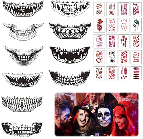 Halloween Tattoo Gesicht, 30 Blätter Tattoo Halloween Tattoos, Halloween Temporäre Tattoos, Wasserdichte Terror Wunde Clown Horror Mund Tattoo Aufkleber, für Halloweenkostüm Gruselparty Maskerade