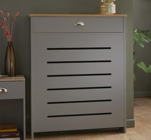 DuraTherm® Radiator Cover Grey Painted MDF Cabinet Horizontal Slat Storage Drawers & Shelf, Radiator Cabinets for Office Hallway Living Room Bedroom, Small (H: 78cm / W: 96cm / D: 19cm)