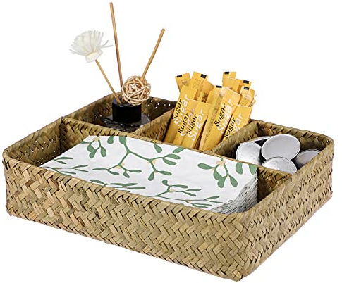 OLegei Weidenkorb Aufbewahrungskorb Regalkorb Flechtkorb Aufbewahrungsbox mit 4 Fächern Tisch-Organizer für Theke, Schreibtisch, Regal (Gelb)