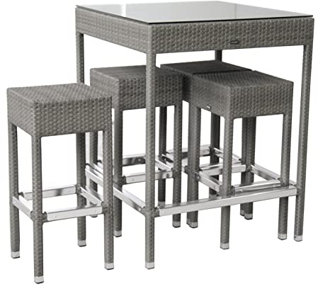 Konway SMALL Polyrattan Garten Bar Set Möbel Quarz Stehtisch Barhocker Tisch Gartenmöbelgarnituren Gartenmöbel Terrasse Sitzgruppe Outdoor Möbel