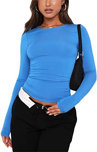 Women's Basic Long Sleeve Slim Fit Crop T Shirt Top Y2K Tops TikTok Crop Top Club Party E-Girls Streetwear(Blue-a, M)