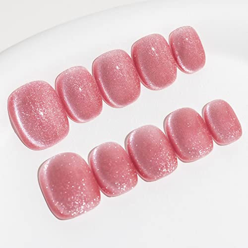 Sun&Beam Nails Handmade Press On Short Round with Fuchsia Pink Cat Eye Design Charm Cute False Nail Tips 10 Pcs (#98 XS)